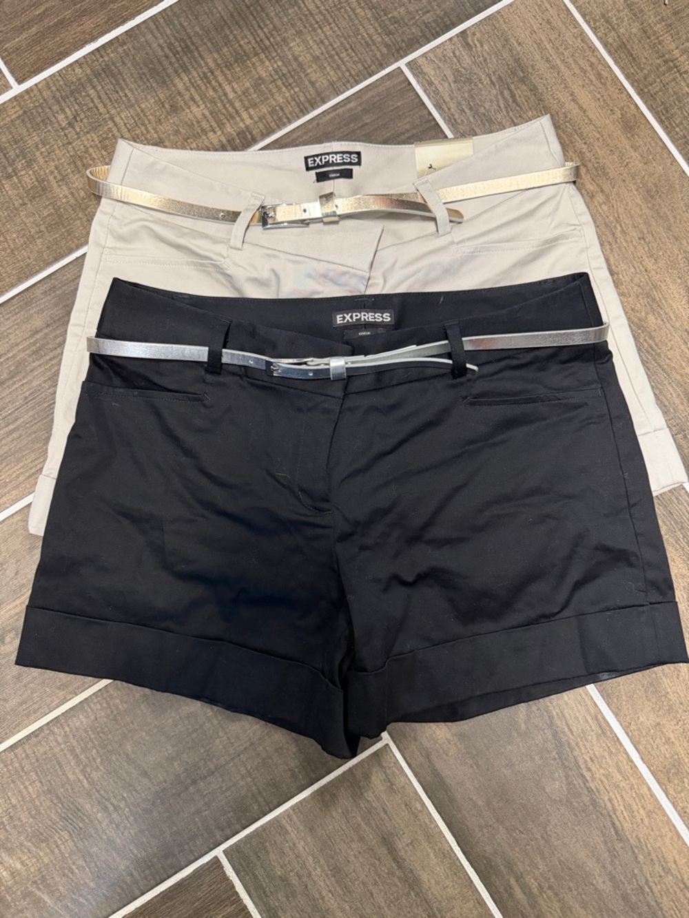 Express Women’s Tailored Cuffed Editor Shorts in Black and Cream with Belts